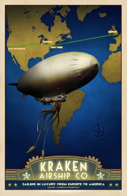 Steampunk Dieselpunk Airship Travel Poster Art Deco