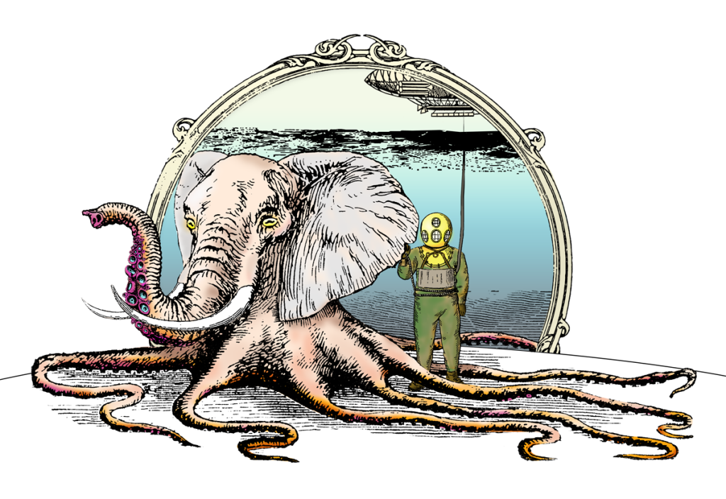 The Octophant Steampunk Illustration Poster Design
