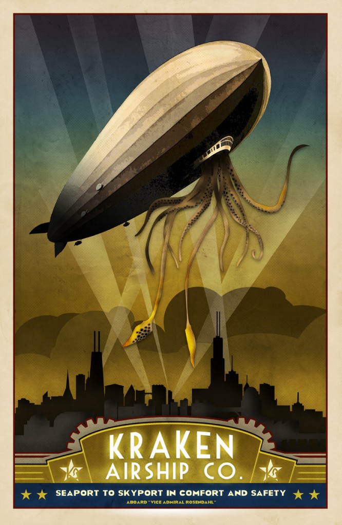 Steampunk Dieselpunk Airship Travel Poster Art Deco
